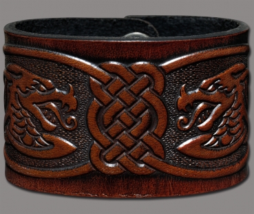 Leather Wristband 48mm (1 7/8 inch) Dragons-Heads in Knotwork (13) brown-antique