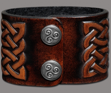 Leather Wristband 48mm (1 7/8 inch) Triskel Dragon-Heads (3) brown-antique