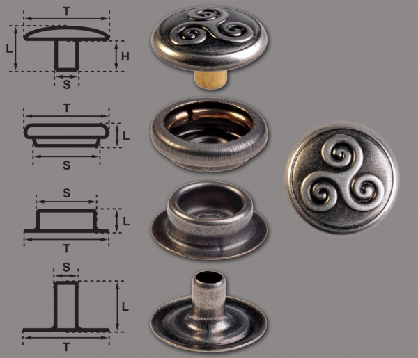 Ringfeder-Druckknöpfe “F3” 14mm Keltische Triskele aus Messing (nickel frei), Finish: nickel-antik
