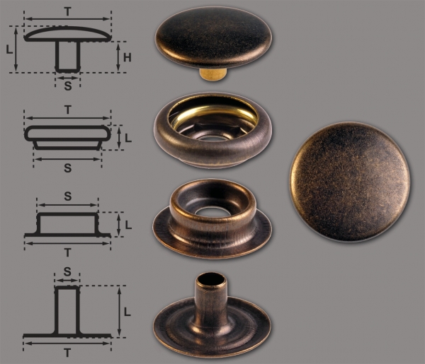 Brass (nickel free) Ring-Spring Snap Fastener Button 'F3' 14mm, Press Snap Button, Finish: Brass-Antique