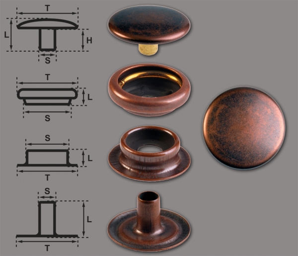 Brass (nickel free) Ring-Spring Snap Fastener Button 'F3' 14mm, Press Snap Button, Finish: Copper-Antique