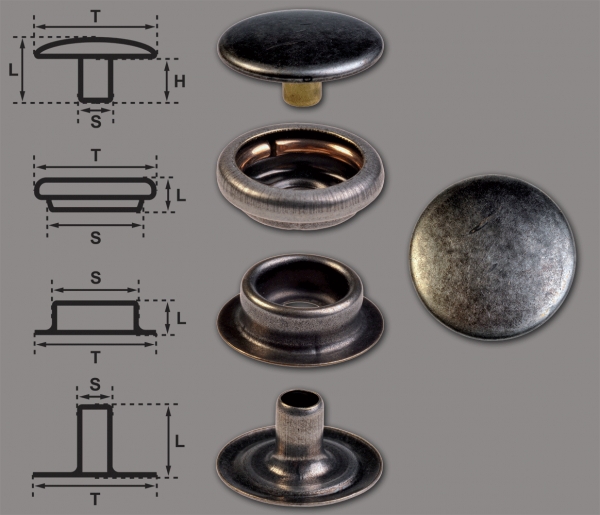 Brass (nickel free) Ring-Spring Snap Fastener Button 'F3' 14mm, Press Snap Button, Finish: Nickel-Antique