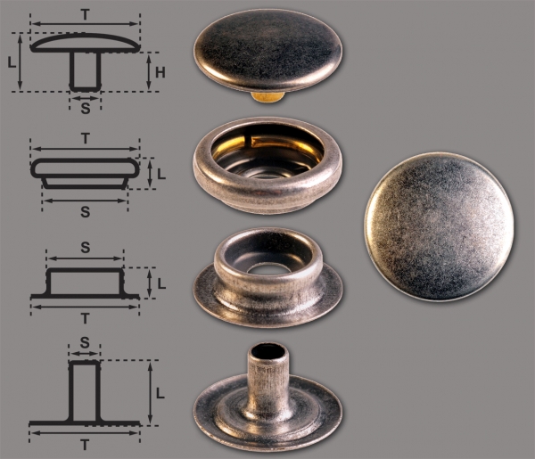 Brass (nickel free) Ring-Spring Snap Fastener Button 'F3' 14mm, Press Snap Button, Finish: Silver-Antique