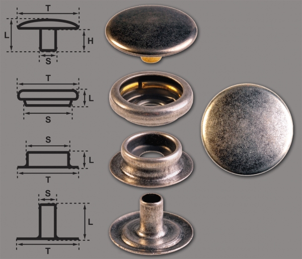 Brass (nickel free) Ring-Spring Snap Fastener Button 'F3' 15.5mm, Press Snap Button, Finish: Silver-Antique
