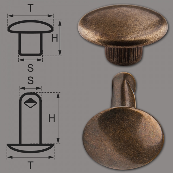 Doppelkopf-Hohlnieten Ziernieten 2-teilig 11mm "11/12/2" aus Eisen (nickelfrei), Finish: messing-antik