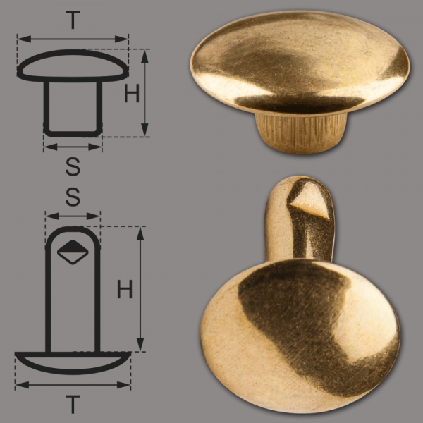 Doppelkopf-Hohlnieten Ziernieten 2-teilig 11mm "11/12/2" aus Eisen (nickelfrei), Finish: messing-glänzend (goldfarben)