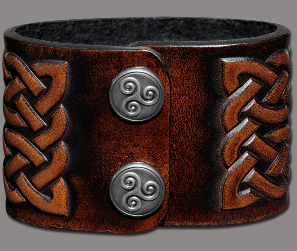 Leather Wristband 48mm (1 7/8 inch) Triskel Dragon-Heads (3) brown-antique