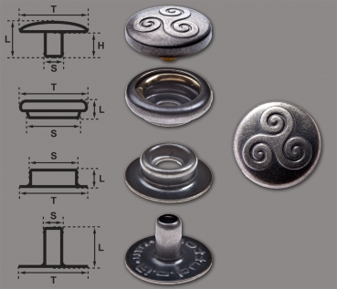 Ringfeder-Druckknöpfe "F0" 12.5mm Keltische Triskele aus Messing (nickel frei), Finish: nickel-antik