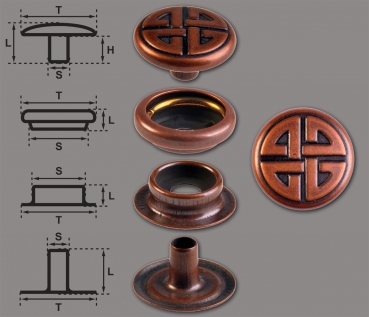 Ringfeder-Druckknöpfe “F3” 14mm Keltischer Knoten aus Messing (nickel frei), Finish: kupfer-antik