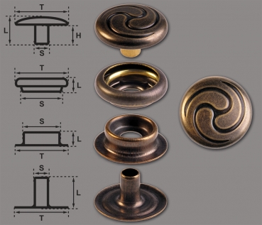 Ringfeder-Druckknöpfe “F3” 14mm Keltische Spirale aus Messing (nickel frei), Finish: messing-antik