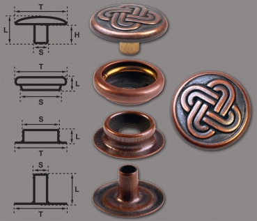 Ringfeder-Druckknöpfe “F3” 15.2mm Keltischer Knoten 2 aus Messing (nickel frei), Finish: kupfer-antik