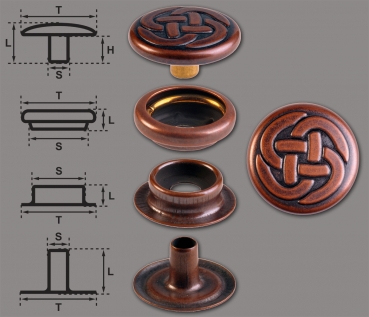 Ringfeder-Druckknöpfe “F3” 15.2mm Keltischer Knoten 1 aus Messing (nickel frei), Finish: kupfer-antik