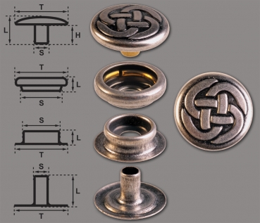 Ringfeder-Druckknöpfe “F3” 15.2mm Keltischer Knoten 1 aus Messing (nickel frei), Finish: silber-antik