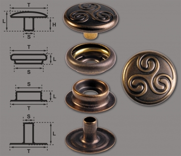 Ringfeder-Druckknöpfe “F3” 15.2mm Keltische Triskele aus Messing (nickel frei), Finish: messing-antik