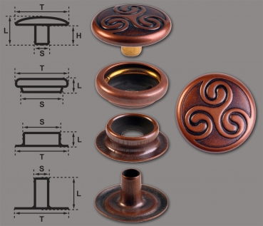Ringfeder-Druckknöpfe “F3” 15.2mm Keltische Triskele aus Messing (nickel frei), Finish: kupfer-antik