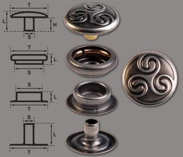 Ringfeder-Druckknöpfe “F3” 15.2mm Keltische Triskele aus Messing (nickel frei), Finish: nickel-antik