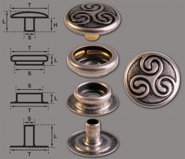 Ringfeder-Druckknöpfe “F3” 15.2mm Keltische Triskele aus Messing (nickel frei), Finish: silber-antik