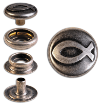 Ringfeder-Druckknöpfe “F3” 14mm christliches Fisch-Symbol aus Messing (nickel frei), Finish: silber-antik