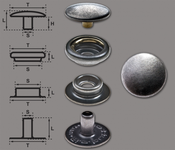 Ringfeder-Druckknöpfe "F0" 12.5mm aus Messing (nickelfrei), Finish: nickel antik