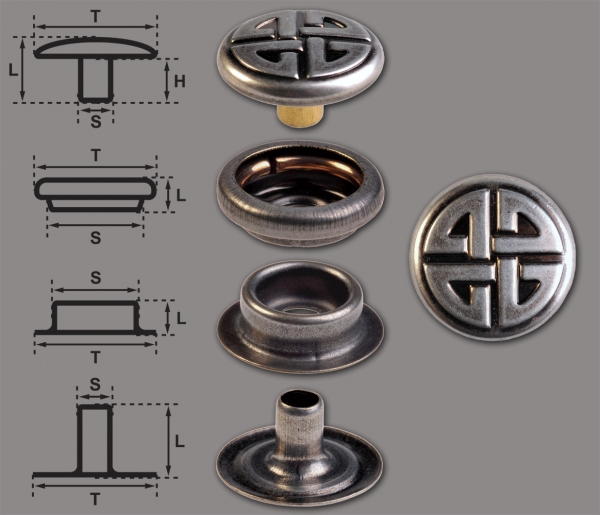 Ringfeder-Druckknöpfe “F3” 14mm Keltischer Knoten aus Messing (nickel frei), Finish: nickel-antik