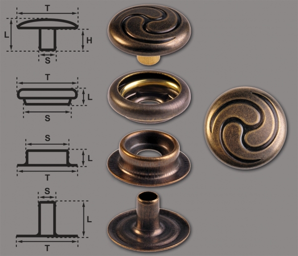 Brass (nickel free) Ring-Spring Snap Fastener Button ‘F3’ 14mm Celtic Spiral, Rapid Rivet Button, Finish: Brass-Antique