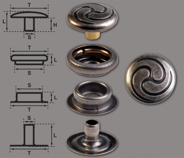 Ringfeder-Druckknöpfe "F3" 14mm Keltische Spirale aus Messing (nickel frei), Finish: nickel-antik