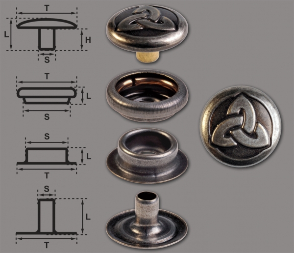 Brass (nickel free) Ring-Spring Snap Fastener Button ‘F3’ 14mm Celtic Trinity, Rapid Rivet Button, Finish: Nickel-Antique