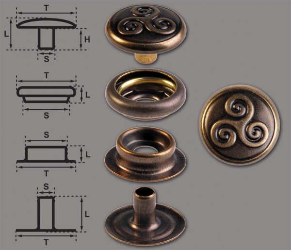 Ringfeder-Druckknöpfe “F3” 14mm Keltische Triskele aus Messing (nickel frei), Finish: messig-antik