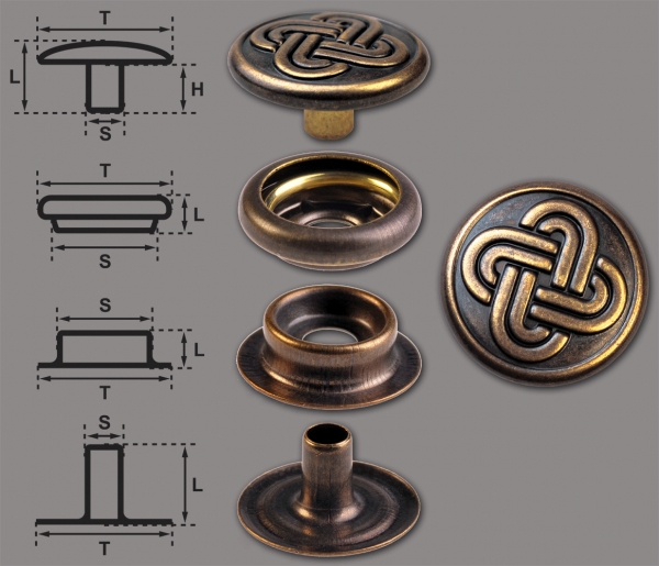 Ringfeder-Druckknöpfe “F3” 15.2mm Keltischer Knoten 2 aus Messing (nickel frei), Finish: messing-antik