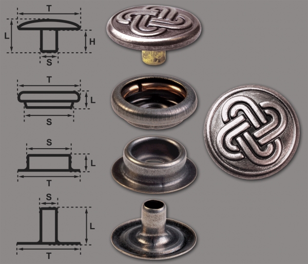 nickelfrei Ringfeder-Druckknöpfe "F3" 15.2mm Keltischer Knoten 1 silber-antik
