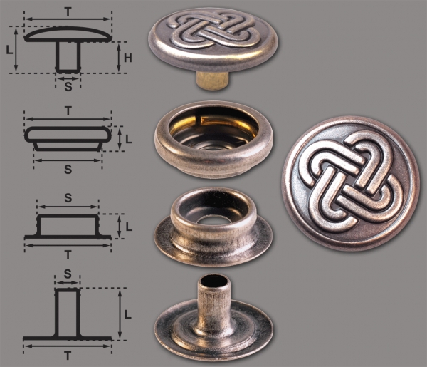 Ringfeder-Druckknöpfe “F3” 15.2mm Keltischer Knoten 2 aus Messing (nickel frei), Finish: silber-antik