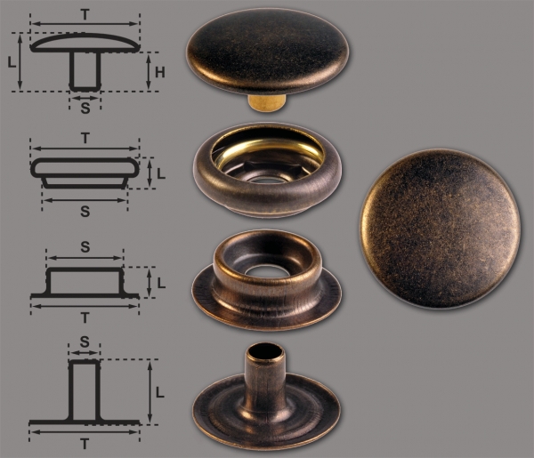 Ringfeder-Druckknöpfe "F3" 15.5mm aus Messing (nickelfrei), Finish: messing-antik