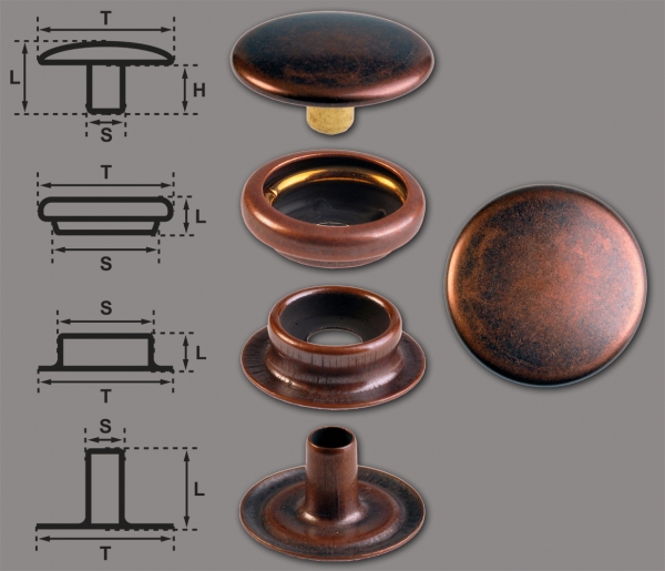 Brass (nickel free) Ring-Spring Snap Fastener Button 'F3' 15.5mm, Press Snap Button, Finish: Copper-Antique