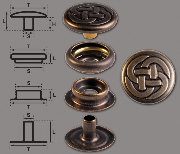 Ringfeder-Druckknöpfe “F3” 15.2mm Keltischer Knoten 1 aus Messing (nickel frei), Finish: messing-antik