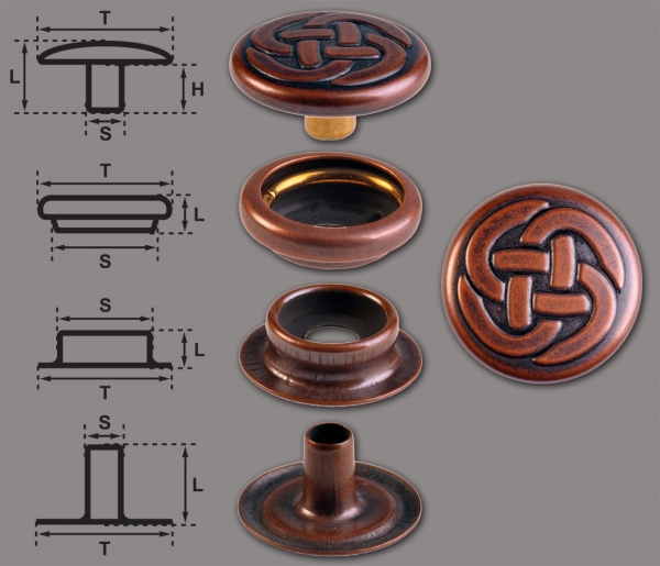 Ringfeder-Druckknöpfe “F3” 15.2mm Keltischer Knoten 1 aus Messing (nickel frei), Finish: kupfer-antik
