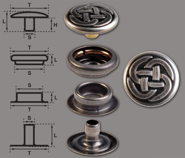 Ringfeder-Druckknöpfe “F3” 15.2mm Keltischer Knoten 1 aus Messing (nickel frei), Finish: nickel-antik