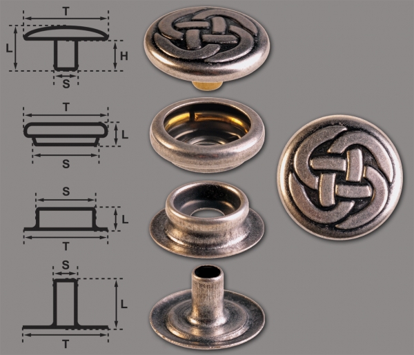 Ringfeder-Druckknöpfe “F3” 15.2mm Keltischer Knoten 1 aus Messing (nickel frei), Finish: silber-antik