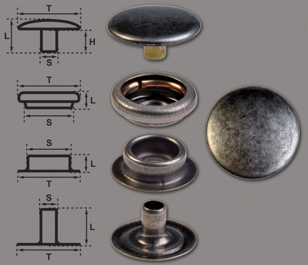 Brass (nickel free) Ring-Spring Snap Fastener Button 'F3' 15.5mm, Press Snap Button, Nickel-Antique