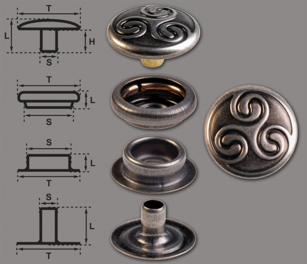 Brass (nickel free) Ring-Spring Snap Fastener Button ‘F3’ 15.2mm Celtic Triskel, Rapid Rivet Button, Finish: Nickel-Antique