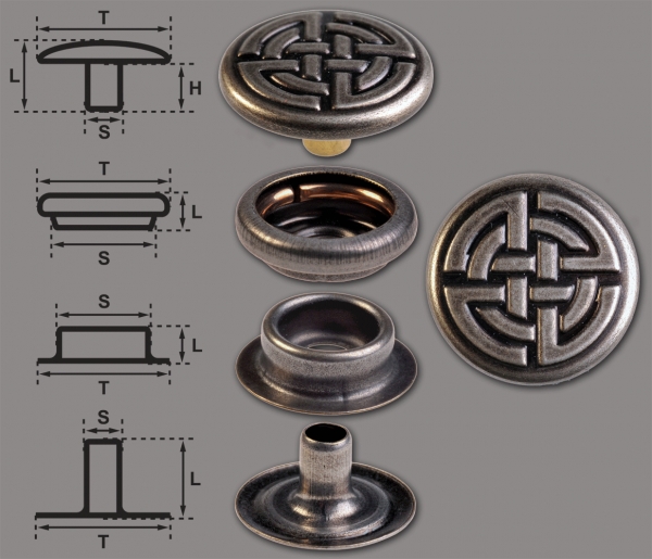 Ringfeder-Druckknöpfe “F3” 17mm Keltischer Knoten aus Messing (nickel frei), Finish: nickel-antik