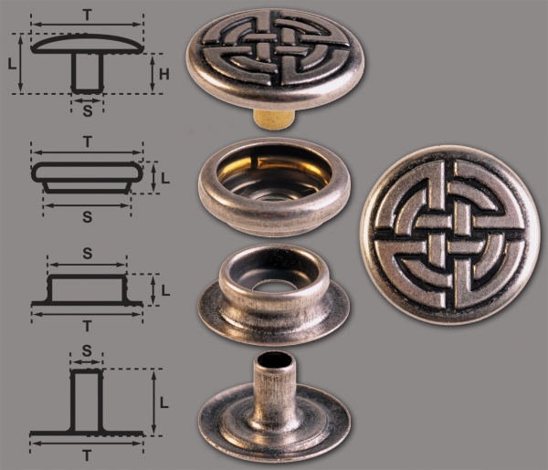 Ringfeder-Druckknöpfe “F3” 17mm Keltischer Knoten aus Messing (nickel frei), Finish: silber-antik