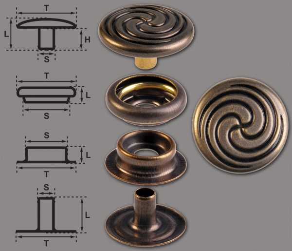Ringfeder-Druckknöpfe “F3” 17mm Keltische Spirale aus Messing (nickel frei), Finish: messing-antik