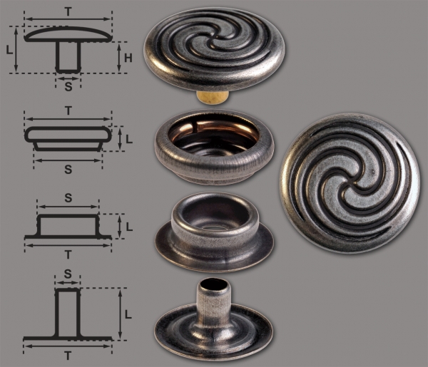 Ringfeder-Druckknöpfe “F3” 17mm Keltische Spirale aus Messing (nickel frei), Finish: nickel-antik