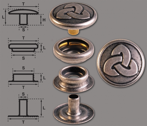 Ringfeder-Druckknöpfe “F3” 17mm Keltische Trinity aus Messing (nickel frei), Finish: silber-antik