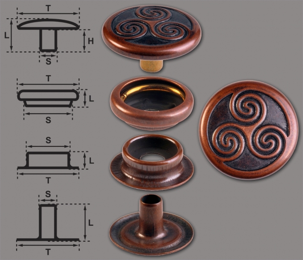 Ringfeder-Druckknöpfe “F3” 17mm Keltische Triskele aus Messing (nickel frei), Finish: kupfer-antik