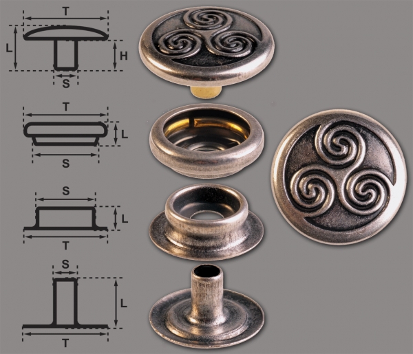 Ringfeder-Druckknöpfe “F3” 17mm Keltische Triskele aus Messing (nickel frei), Finish: silber-antik