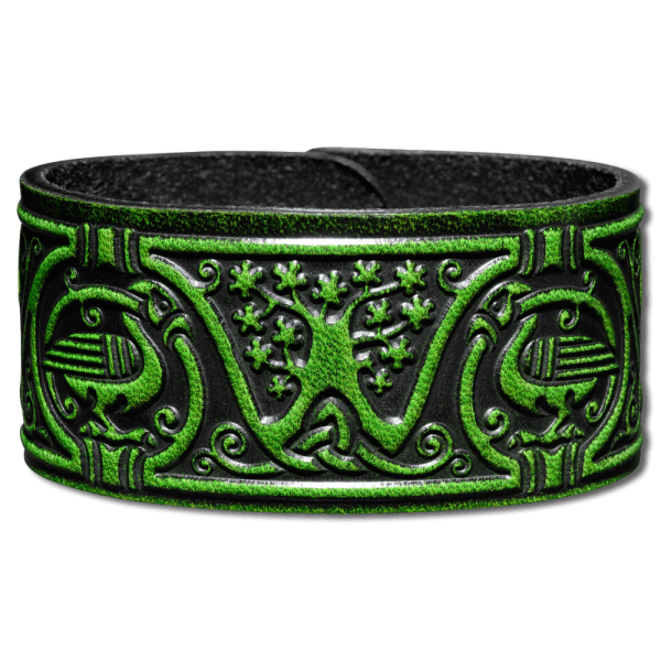 Leather Wristband 32mm (1 1/4 inch) Tree of Life (6) green-antique