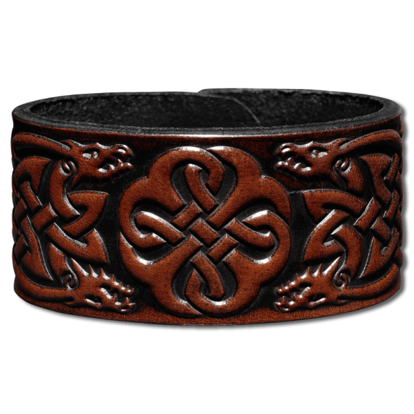 Leather Bracelet 32mm (1 1/4 inch) Knotwork with Dragons Head (8) brown-antique