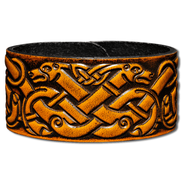 Leather Bracelet 32mm (1 1/4 inch) Intertwined Dogs (11) honey-antique