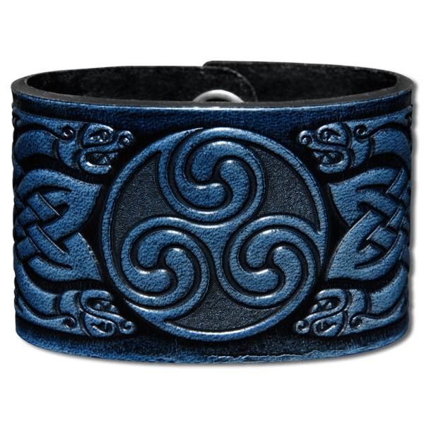 Leather Wristband 48mm (1 7/8 inch) Triskel Dragon-Heads (3) blue-antique